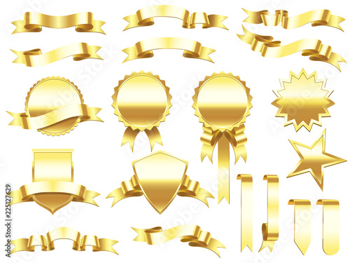 Gold banner ribbon. Elegant golden ribbons labels and products banners. Premium label sign vector set