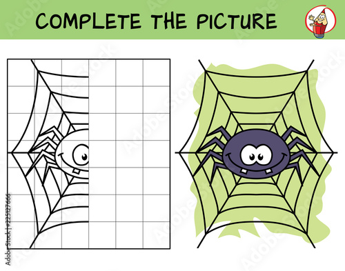 Complete the picture of a funny spider. Copy the picture. Coloring book. Educational game for children. Cartoon vector illustration