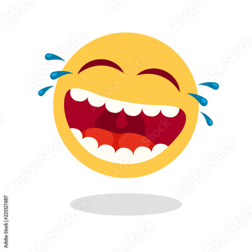 Laughing smiley emoticon. Cartoon happy face with laughing mouth and tears. Loud laugh vector icon