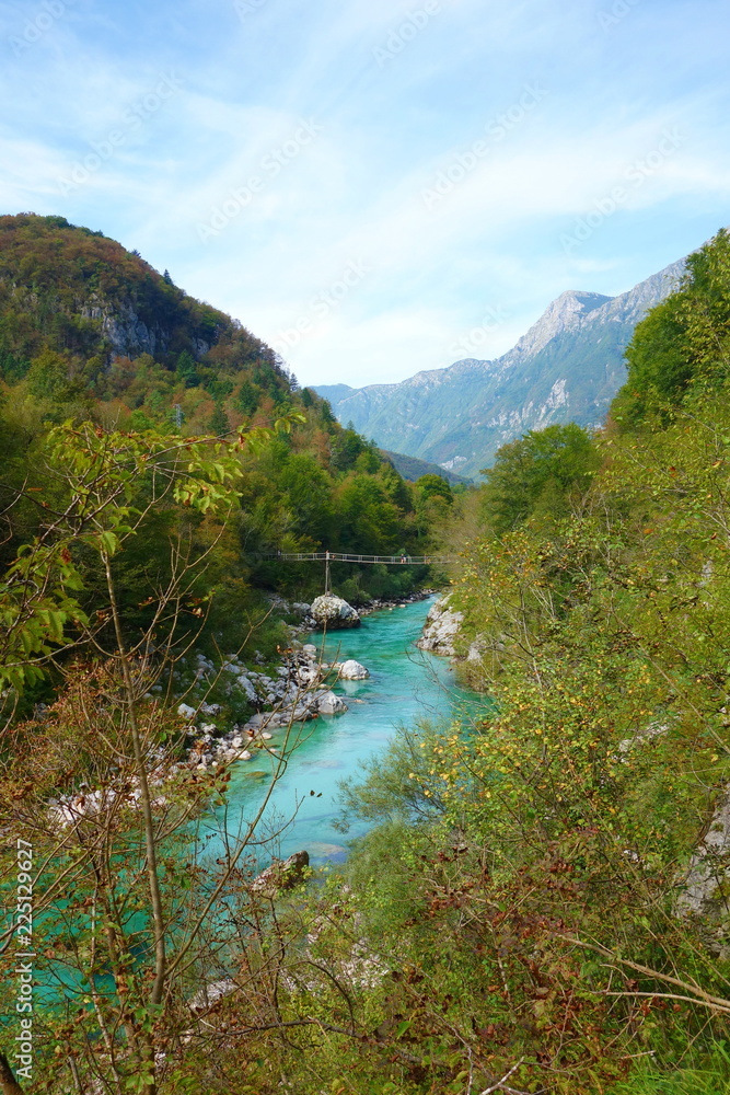 Velika Korita or Great canyon of Soca river, Bovec, Slovenia. Beautiful vivid turquoise river stream rapids, running through canyon a forest. Soca river, Triglav National Park, Julian Alps, Slovenia