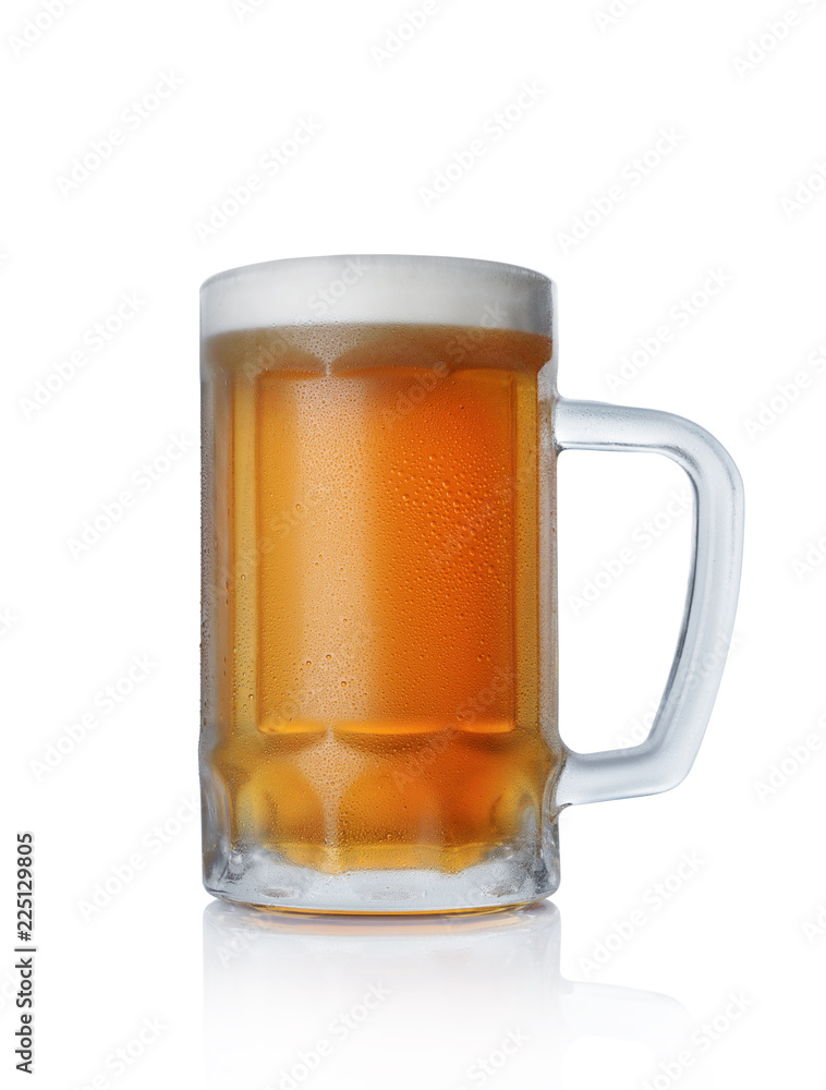 Single glass mug of cold light beer with foam Single glass mug of cold light beer with foam