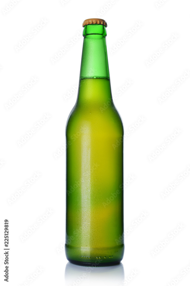 Single bottle of cold light beer with drops Single bottle of cold light beer with drops