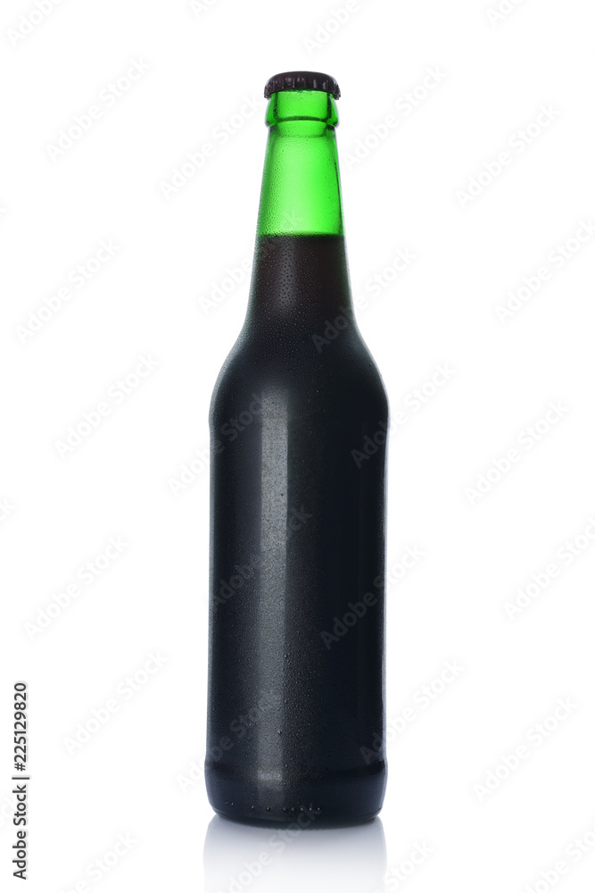 Single bottle of cold dark beer with drops Single bottle of cold dark beer with drops