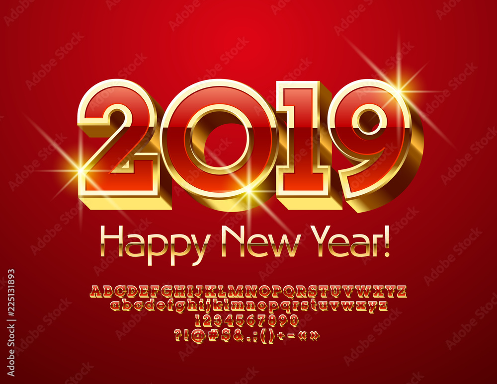 Vector Luxurious Greeting Card Happy New Year 2019. Red and Golden 3D Font. Bright Alphabet Letters, Numbers and Symbols Vector Luxurious Greeting Card Happy New Year 2019. Red and Golden 3D Font. Bright Alphabet Letters, Numbers and Symbols