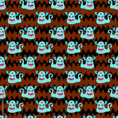 Fototapeta Naklejka Na Ścianę i Meble -  Abstract seamless halloween pattern for girls or boys. Creative vector pattern with fluffy monster, with horns and a tail, basket for sweets in the form of a skull halloween. Funny pattern for textile