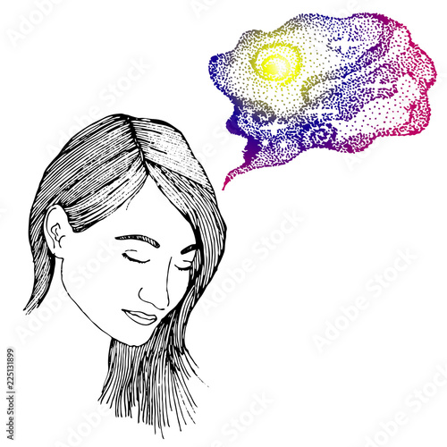 Vector illustration of a girl face with closed eyes, dreaming, loose hair, space in your head