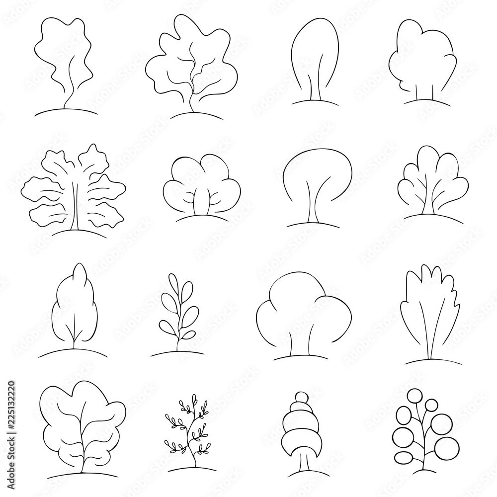 Set of sixteen abstract symbols of trees, line art, black outline vector sign, collection of icons, logo, isolated nature elements, objects on the white background Set of sixteen abstract symbols of trees, line art, black outline vector sign, collection of icons, logo, isolated nature elements, objects on the white background