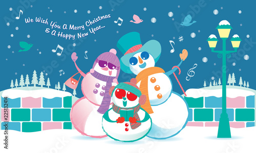 Vector of a snowman's family, singing Christmas carol under the snow. 