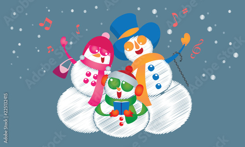 Vector of a snowman's family, singing Christmas carol under the snow. 