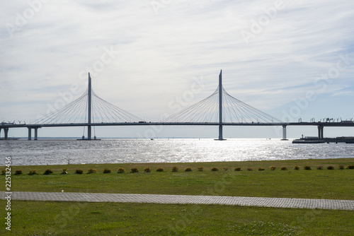 bridge over the Neva river, Bank covered with green grass, sky, sunlight © Elena