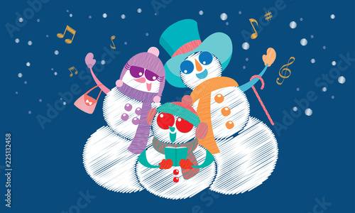 Vector of a snowman's family, singing Christmas carol under the snow. 