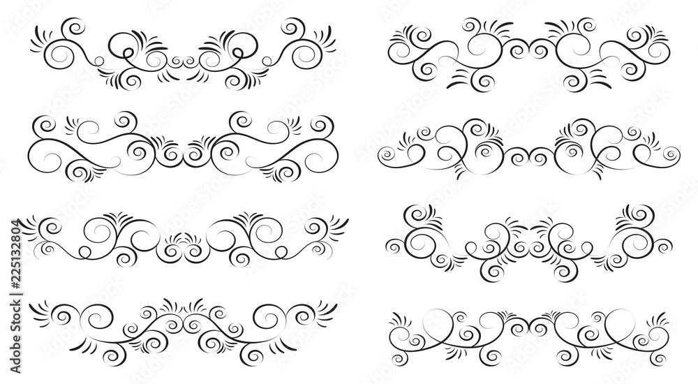 Set of curls and scrolls. Decorative divider elements for frames and books. Elegant swirl vector illustration. 