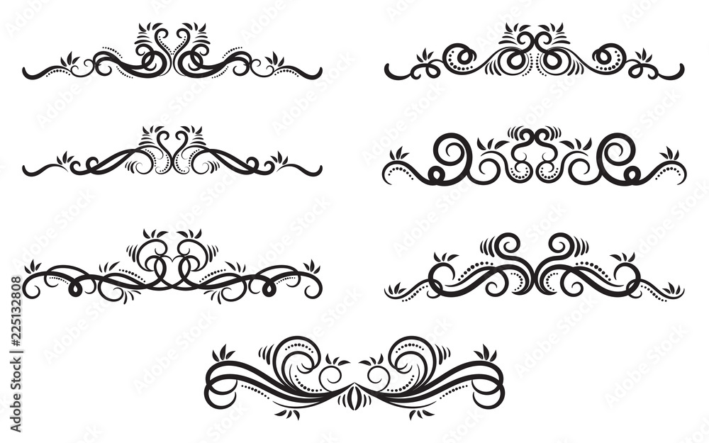 Ornamental design elements.Black dividers on white background. Vector illustration for design, postcard, menu, wedding invitation and books.