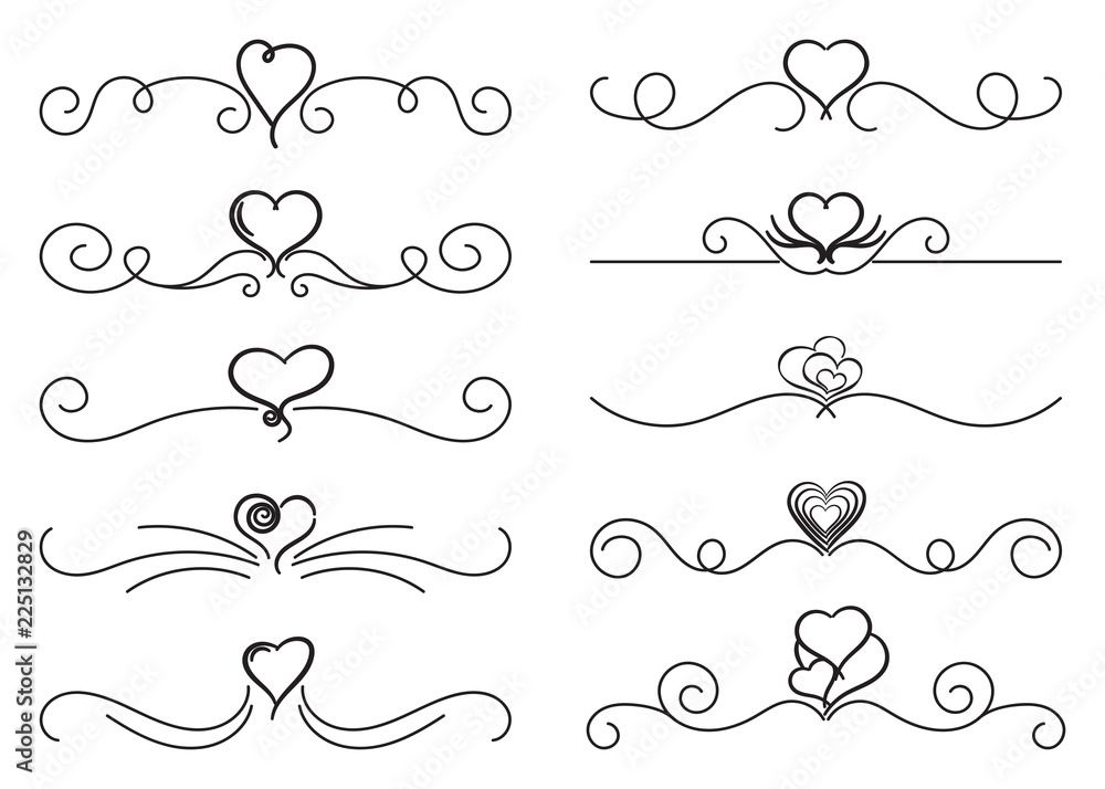 Swirls thin line set with hearts. Decorative elements for frames. Elegant swirl vector illustration.