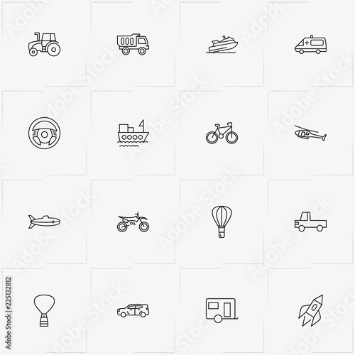 Transport line icon set with air balloon, water scooter and truck