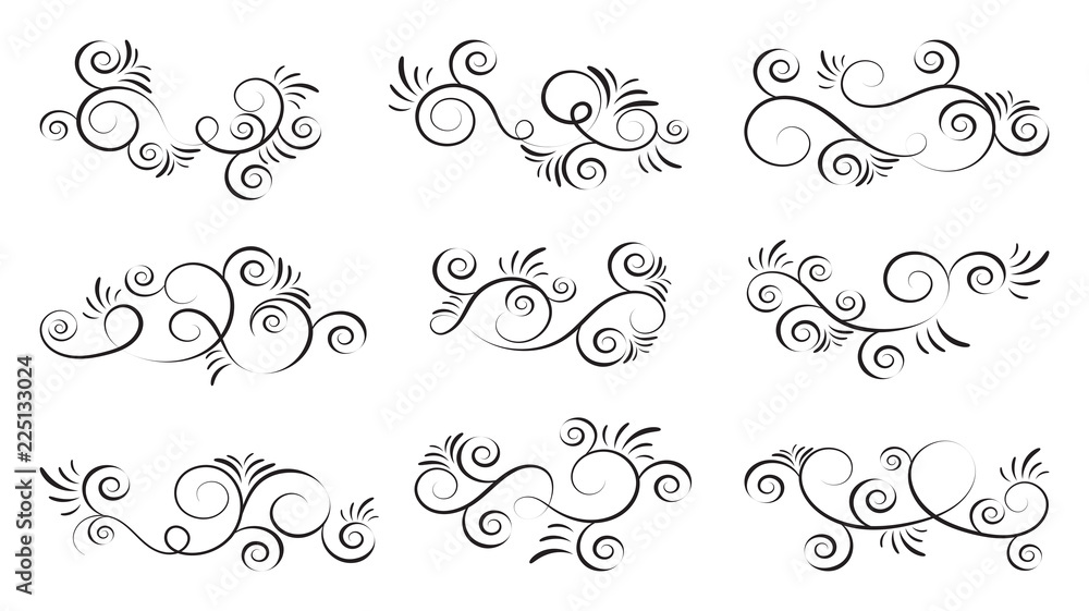 Calligraphic black and elegant swirl dividers collection. Set of curls and scrolls for wall and page decoration, greeting cards and tattoos. Vector calligraphic design border elements illustration. Calligraphic black and elegant swirl dividers collection. Set of curls and scrolls for wall and page decoration, greeting cards and tattoos. Vector calligraphic design border elements illustration.