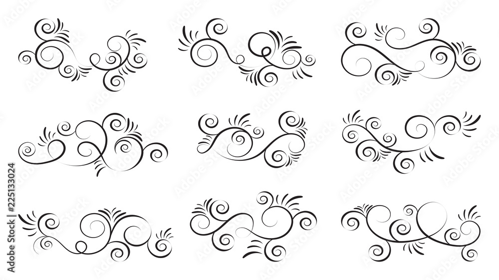 Calligraphic black and elegant swirl dividers collection. Set of curls and scrolls for wall and page decoration, greeting cards and tattoos. Vector calligraphic design border elements illustration.