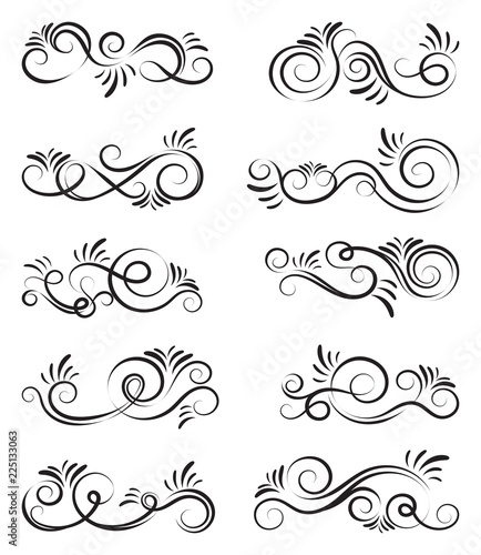 Swirl set of vector graphic elements for design, postcard, menu, wedding invitation, romantic style. Floral set of curls and scrolls. Vector illustration dividers and borders. 