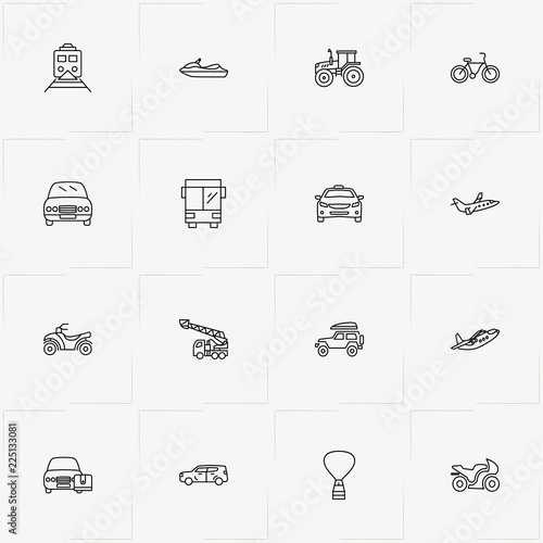 Transport line icon set with taxi, air balloon and bicycle