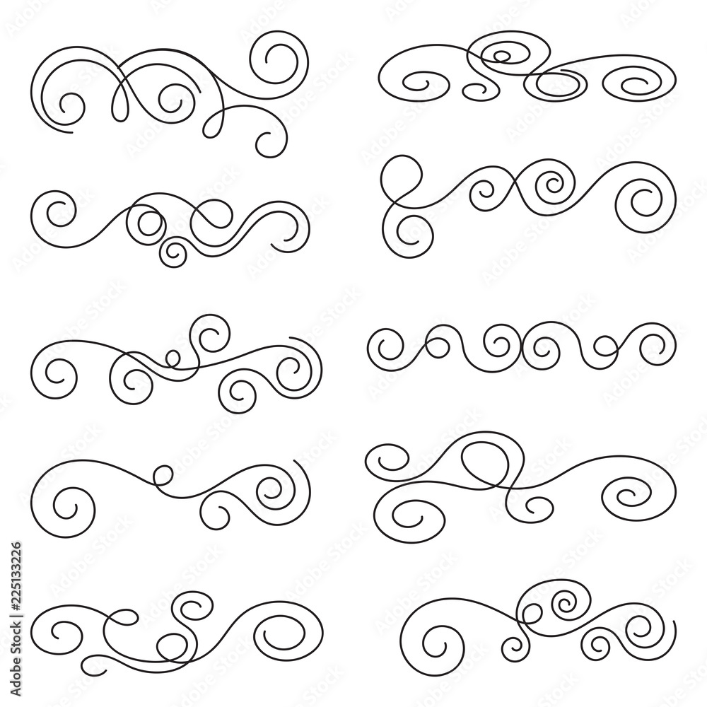 Swirls thin line set. Decorative elements for frames. Elegant swirl vector illustration.
