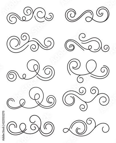 Swirls thin line set. Decorative elements for frames. Elegant swirl vector illustration.