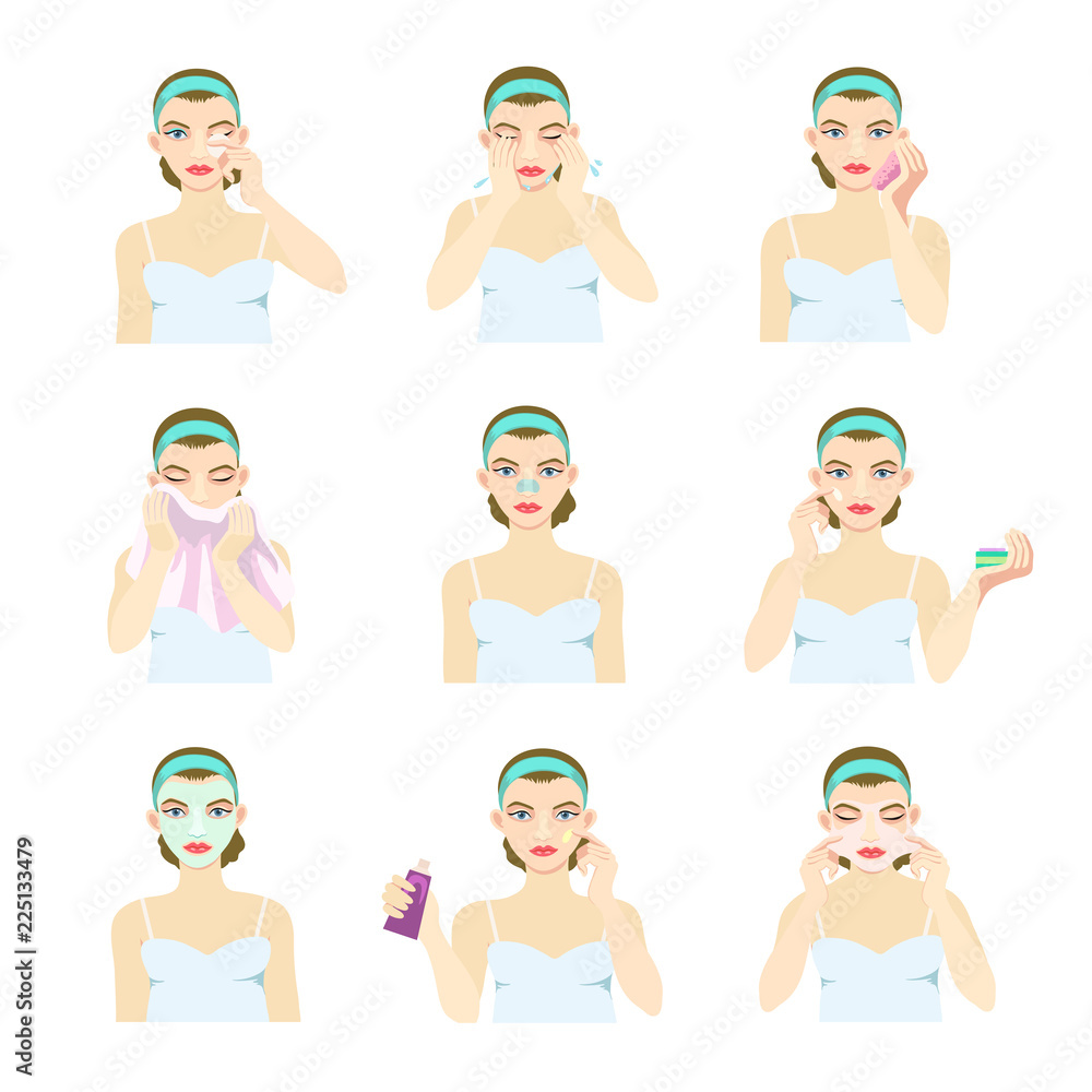 A girl with a problem skin looks after the face and applies to different masks. A girl with a problem skin looks after the face and applies to different masks.