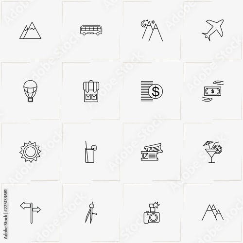 Travel line icon set with airplane, air balloon and photo camera