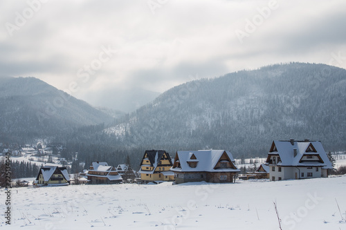 Winter landscape in Koscielisko, Tatra Mountains, Poland, ski resort Zakopane
