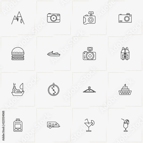 Travel line icon set with mountains , water scooter and ship