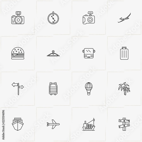 Travel line icon set with signboard, air balloon and backpack