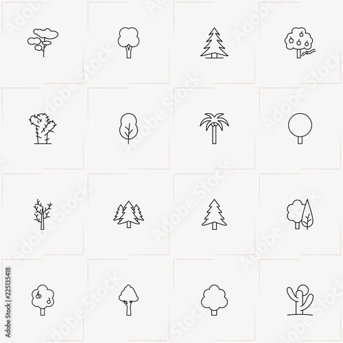 Trees line icon set with dry tree, tree and cherry tree