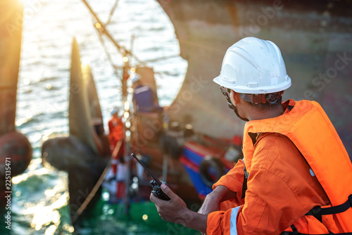 foreman in charge of command in repairing and replacement of shaft on propeller of the ship at medsea port by the workers and technician