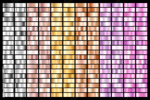 Collection of silver, chrome, gold, rose gold. bronze metallic and ultraviolet gradient. Vector illustration