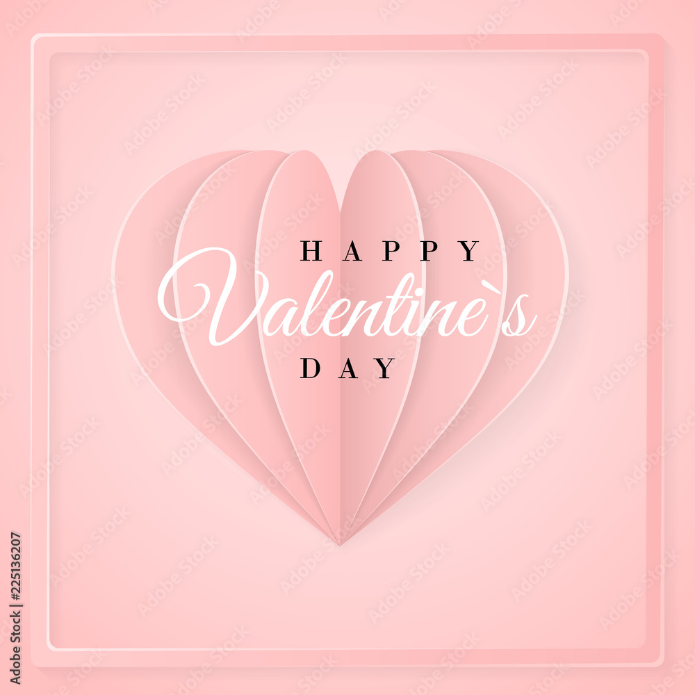 Happy valentines day invitation card template with origami paper   heart. Pink background. Vector illustration