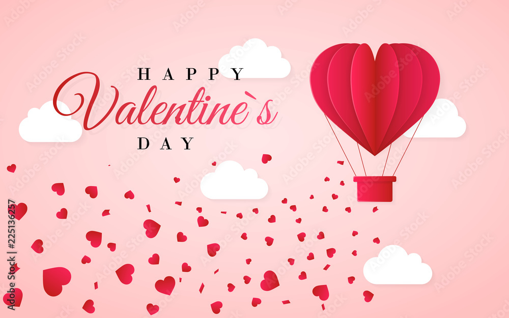 Happy valentines day invitation card template with red origami paper hot air balloon in heart shape, white clouds and confetti. Pink background. Vector illustration