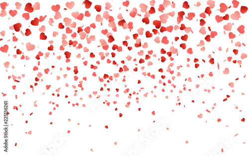 Red pattern of random falling hearts confetti. Border design element for festive banner, greeting card, postcard, wedding invitation, Valentines day and save the date card. Vector illustration