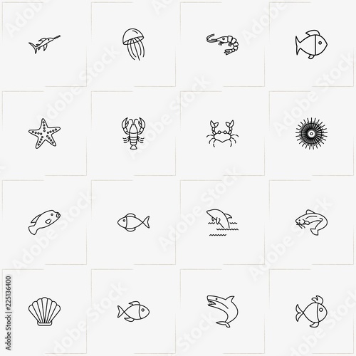 Undersea World line icon set with swordfish , jellyfish  and shark