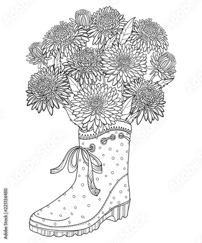 Vector bouquet with outline Aster flower, ornate leaves and bud in black in the rubber boot isolated on white background. Contour blooming Aster bunch for summer or autumn design and coloring book.