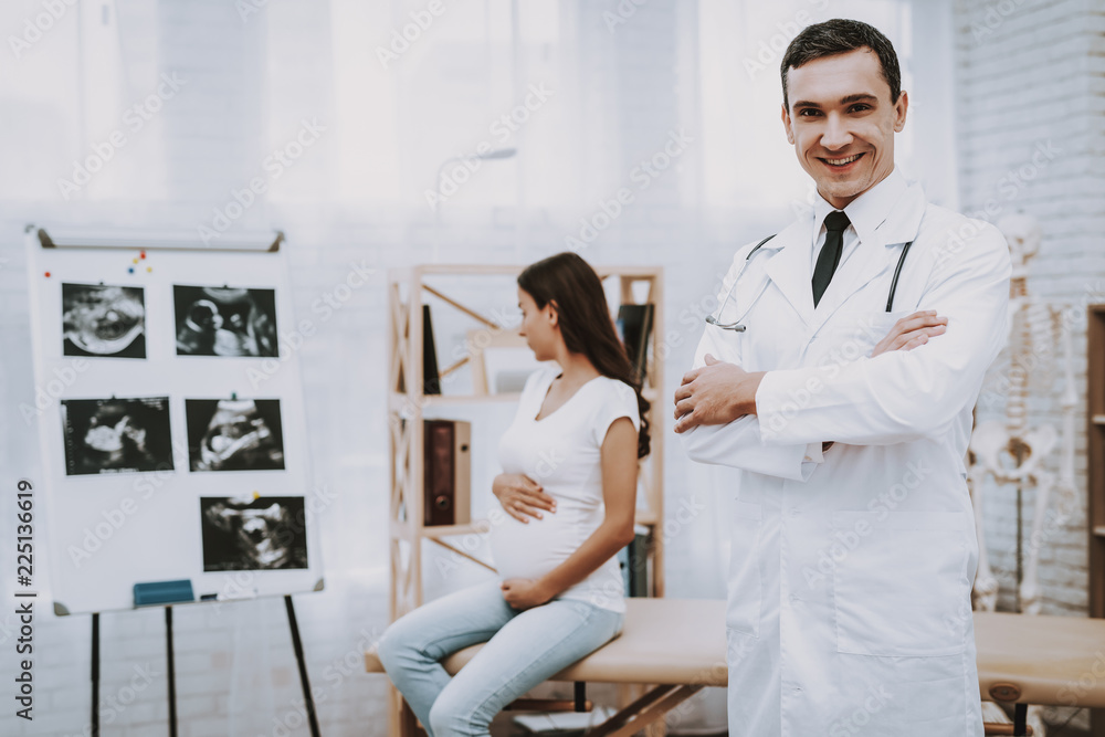 Obraz premium Doctor Posing . Pregnant Woman. Consultation.