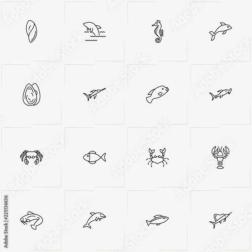 Undersea World line icon set with oyster , swordfish  and crab