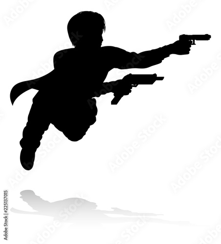 Silhouette person in an action movie film shoot out pose