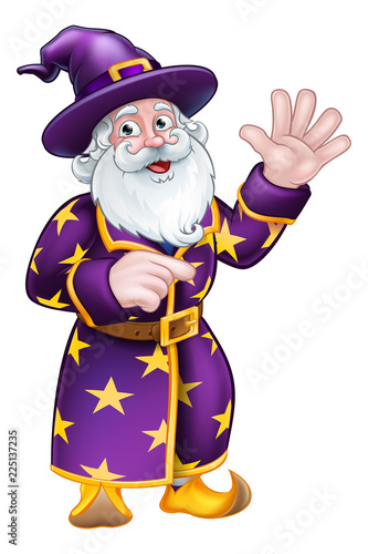 A cute wizard cartoon character pointing and waving