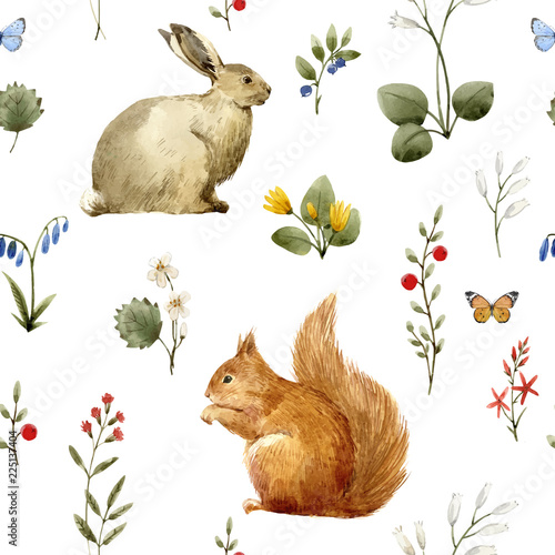 Watercolor forest animal vector pattern