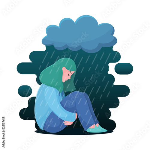 Sad, unhappy teenage girl, young woman sitting under rain, depression concept, flat vector illustration isolated on white background. Depressed, unhappy girl, woman sitting under rain cloud