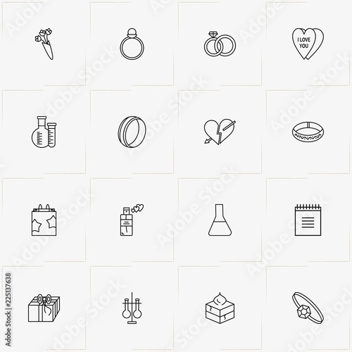 Valentines Day line icon set with chemical flask   calendar and cake