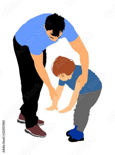 Physiotherapist and kid, boy exercising in rehabilitation center, vector illustration isolated. Doctor pediatrician supports the child during physiotherapy treatment. holding hands making first steps.