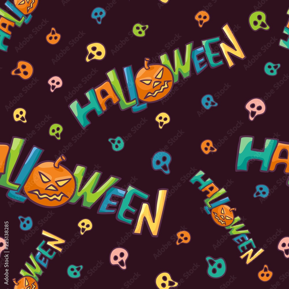 Fototapeta premium Halloween bright vector seamless pattern colorful skulls and lettering with pumpkin to all saints day. Fun festive background for the party, gift wrapping or cards.