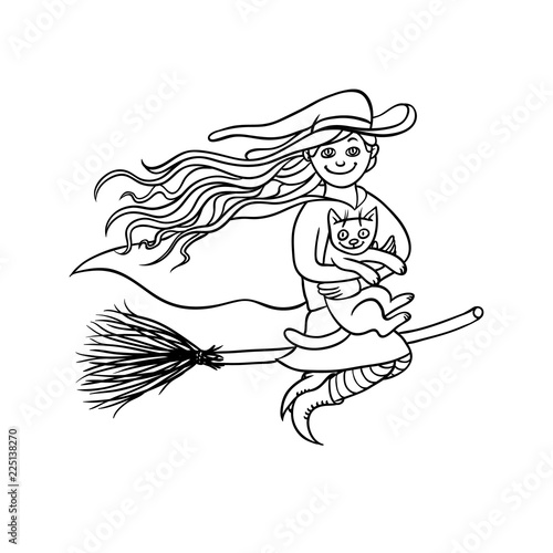 Halloween good girl witch on broom with white cat. Young magician and pet to all saints day. Vector black white sketch illustration pretty charmers in pointed hat flying