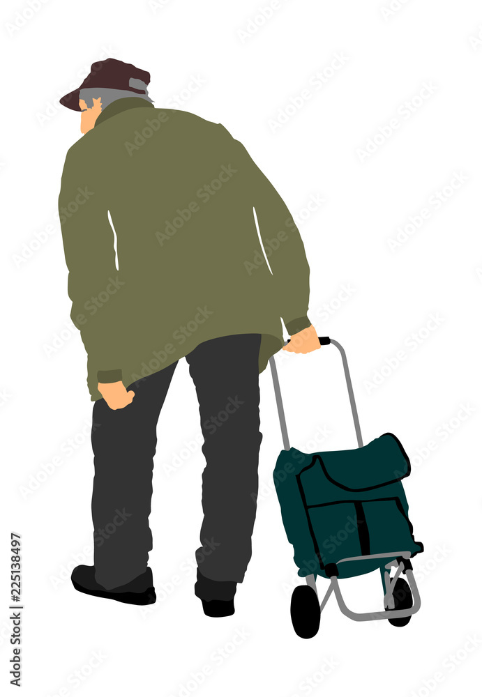 Old man walking with trolley bag in market, vector illustration. Senior  outdoor activity. Active life mature person. Health care concept. Buying  food and another goods. Stock-Vektorgrafik | Adobe Stock