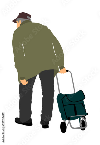 Old man walking with trolley bag in market, vector illustration. Senior outdoor activity. Active life mature person. Health care concept. Buying food and another goods.